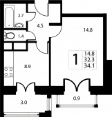 1-комнатная квартира 34,1 м²